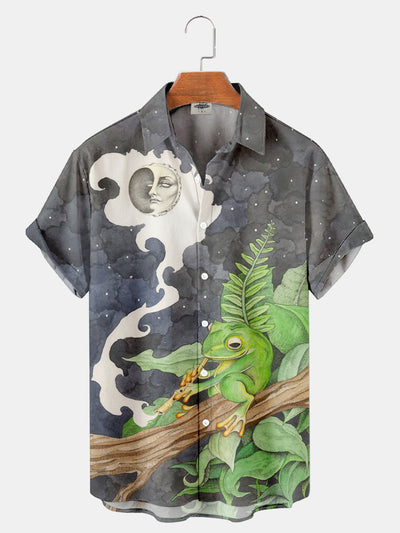 Fydude Men'S Ukiyo-E Frog And Moon Printed Shirt