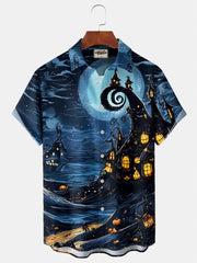 Halloween Castle Print Casual Stylish Hawaiian Shirt Summer Shirts Pocket Short Sleeve Shirt Big Tall