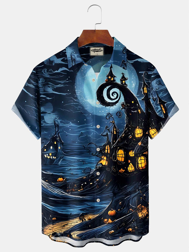 Halloween Castle Print Casual Stylish Hawaiian Shirt Summer Shirts Pocket Short Sleeve Shirt Big Tall