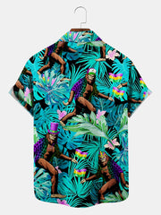 Fydude Men'S Mardi Gras Hawaiian Leaf And Ape Print Short Sleeve Shirt