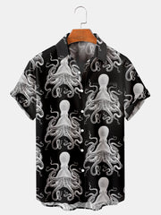 Fydude Men'S Black Hand Painted Octopus Short Sleeve Shirt