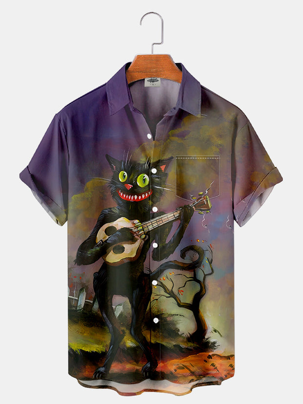 Fydude Men'S Halloween Black Cat And Skull Banjo Printed Shirt