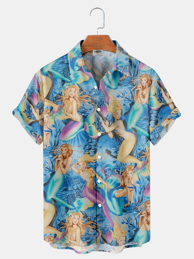 Fydude Men'S Ocean And Mermaids Printed Shirt