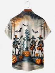 Retro Halloween Skull Pumpkin Print Men's Button Pocket Short Sleeve Shirt Big & Tall
