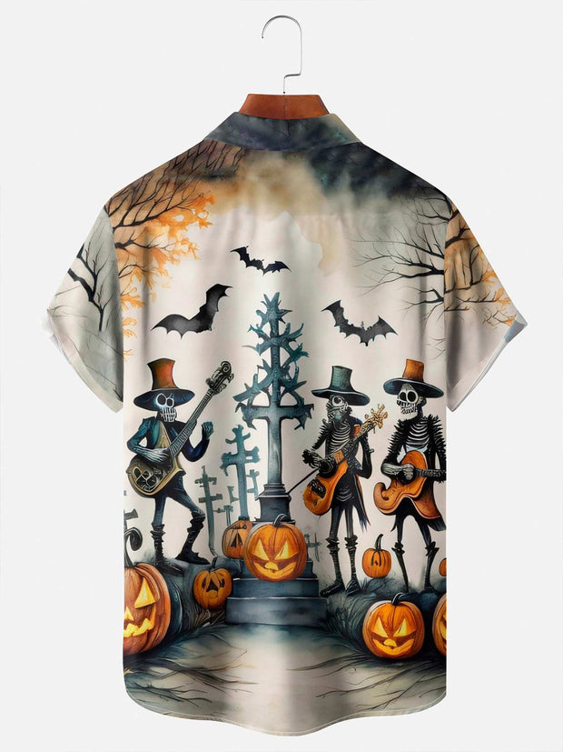 Retro Halloween Skull Pumpkin Print Men's Button Pocket Short Sleeve Shirt Big & Tall