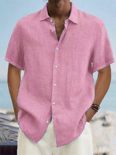 Men'S Cotton And Linen Pink Plain Shirt
