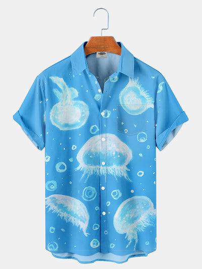 Fydude Men'S Blue Jellyfish Print Short Sleeve Shirt