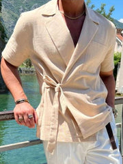 Fydude Men'S Solid Color Cotton And Linen Suit Lapel Tie Short-Sleeved Shirt