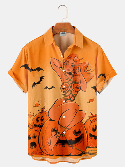 Fydude Men'S Halloween Pumpkin Devil And Bat Printed Shirt