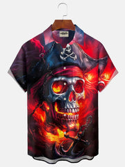 Vintage Skull Print Men's Button Pocket Hawaiian Short Sleeve Shirt Big Tall