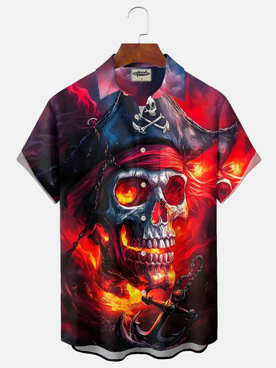 Vintage Skull Print Men's Button Pocket Hawaiian Short Sleeve Shirt Big Tall