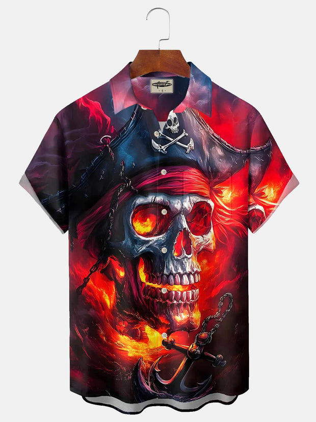 Vintage Skull Print Men's Button Pocket Hawaiian Short Sleeve Shirt Big Tall