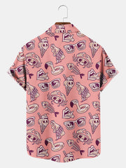 Fydude Men'S Pink Halloween Vacation Skull Crab, Fish Bones Printed Shirt