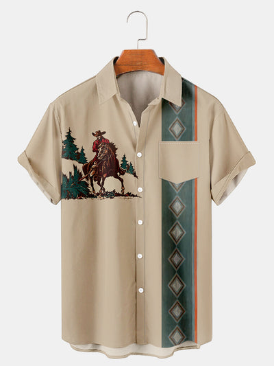 Fydude Men'S Western Cowboy Print Short Sleeve Shirt