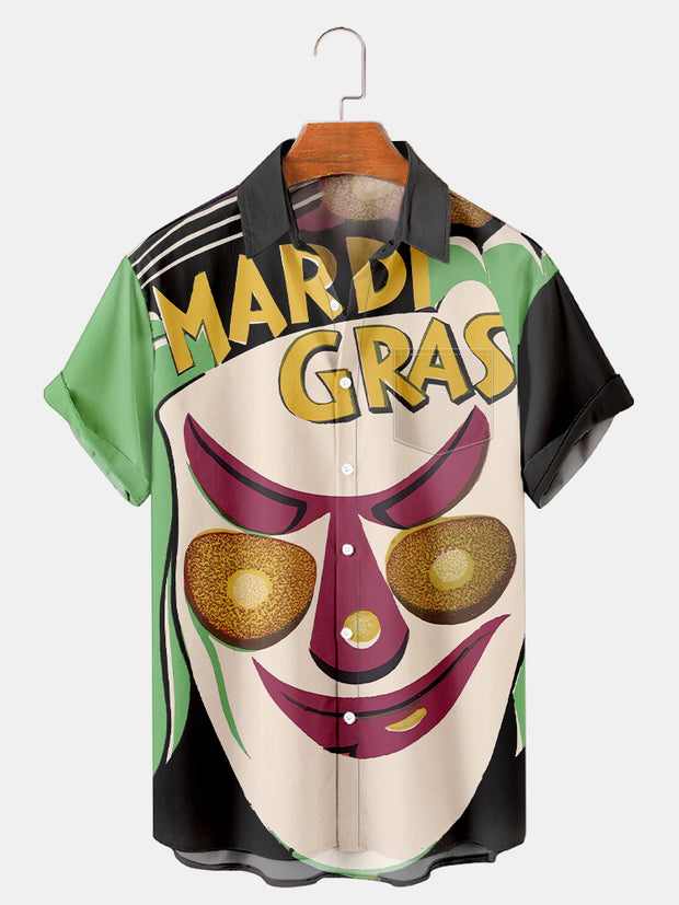 Fydude Men'S Mardi Gras Mask Print Short Sleeve Shirt