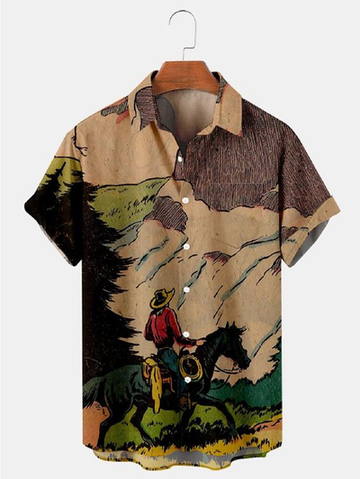 Fydude Men's Western Cowboy Print Shirt