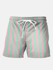 Men'S Pink KEN Same Style Beach Stripe Print Hawaiian Shirt Set