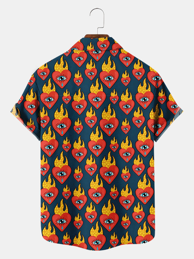 Fydude Men'S Valentine'S Day Love Crying Eyes Fire Print Short Sleeve Shirt