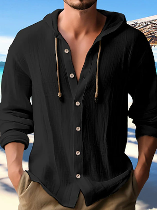 Solid Color Cotton Linen Hooded Button Long Sleeve Shirt Sweatshirt