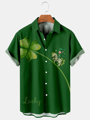 Fydude Men'S St. Patrick'S Day Four-Leaf Clovers And Unicorns Print Short Sleeve Shirt