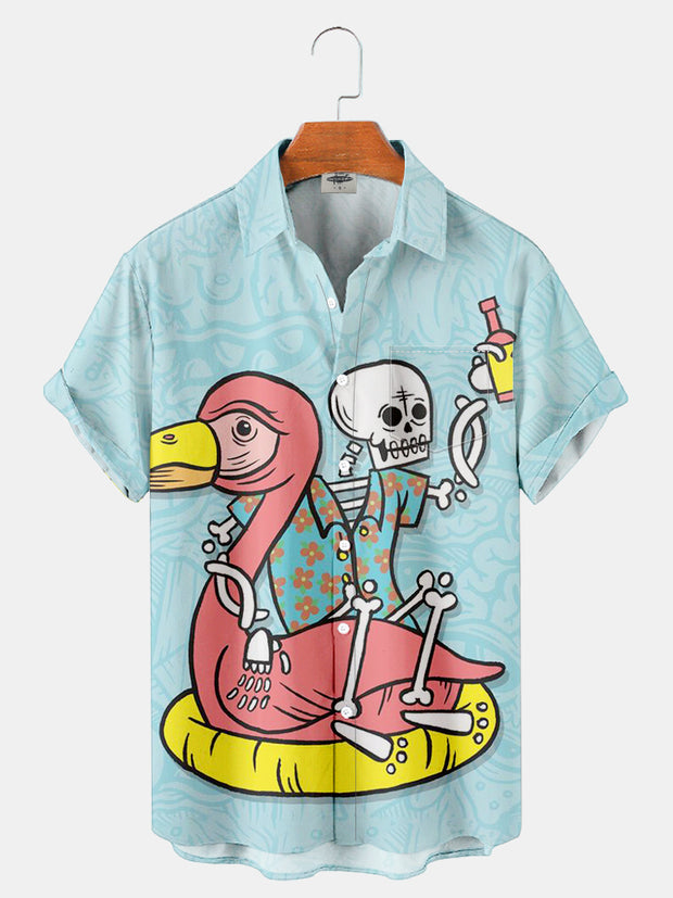 Fydude Men'S Halloween Holiday Skeleton Flamingo Printed Shirt