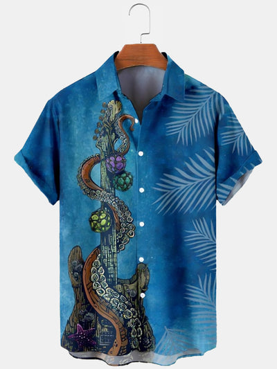 Fydude Men'S Octopus and Guitar Printed Shirt