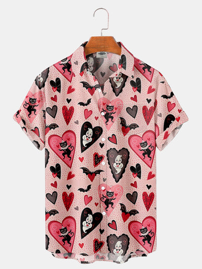 Fydude Men'S Valentine'S Day Love Cat And Ghost Print Short Sleeve Shirt