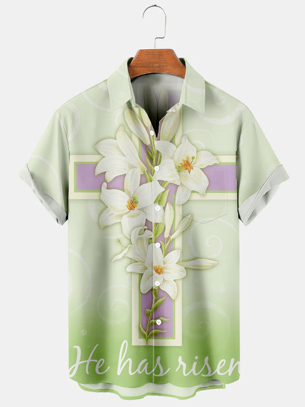 Fydude Men'S Easter Cross And Lily Printed Shirt