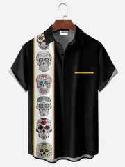 Men's Sugar Skulls Striped Bowling Short Sleeve Shirt