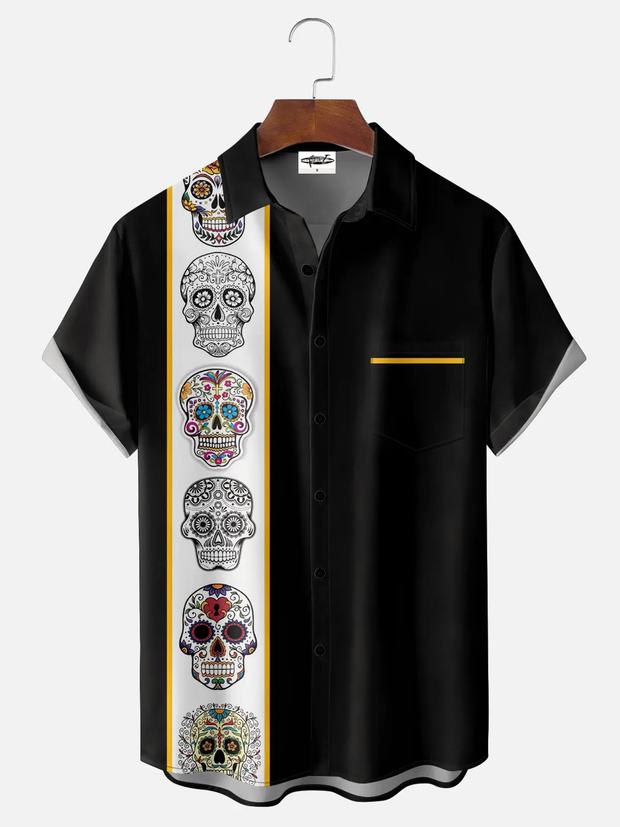 Men's Sugar Skulls Striped Bowling Short Sleeve Shirt