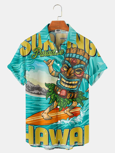 Fydude Men'S SURF Paradise HAWAII TIKI Surfing Printed Shirt