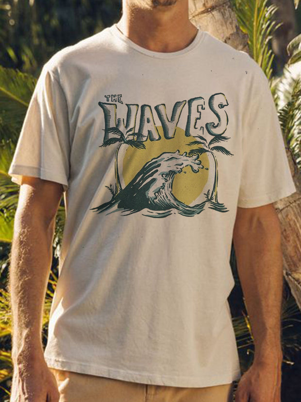 Fydude Men'S THE WAVES Printed Combed Cotton T-Shirt