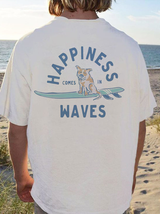 Fydude Men'S HAPPINESS COMES IN WAVE Printed Combed Cotton T-Shirt