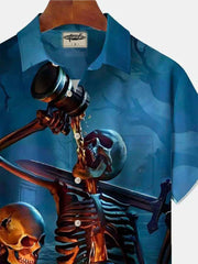 Halloween Skull Cartoon Print Men's Chest Pocket Stretch Shirt Big Tall