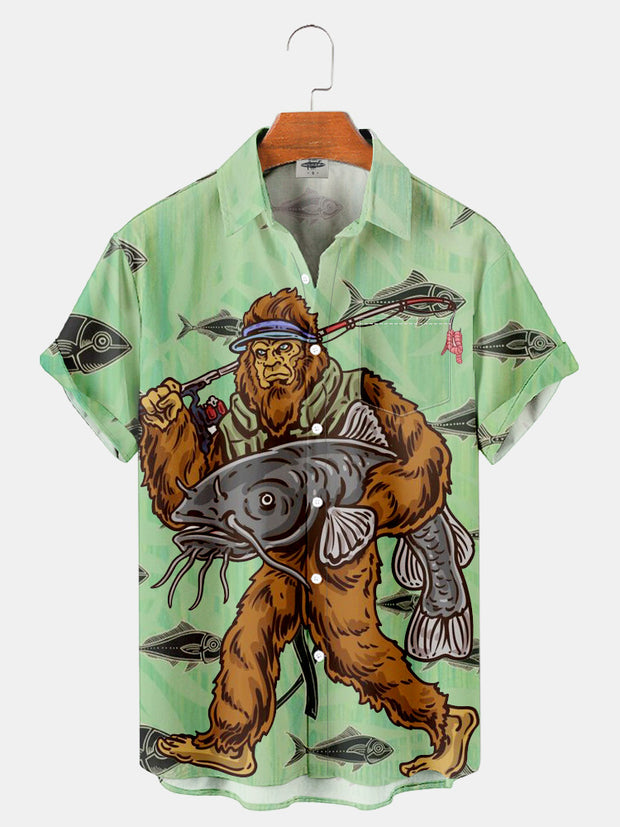 Fydude Men'S Bigfoot Fishing Printed Shirt