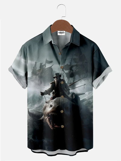 Men's Pirate Shark Rider Fantasy Short Sleeve Shirt