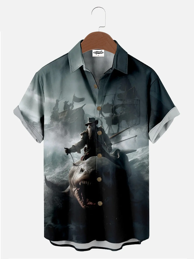 Men's Pirate Shark Rider Fantasy Short Sleeve Shirt