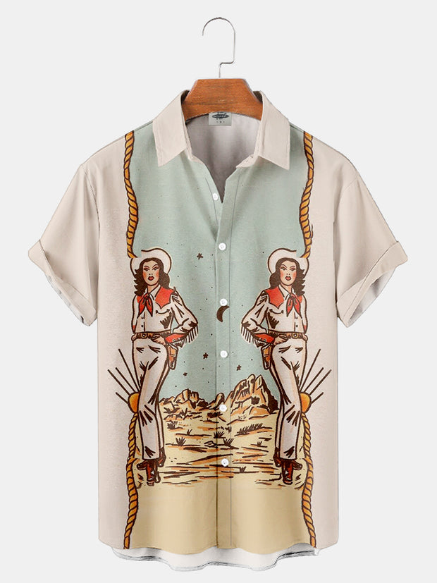 Fydude Men'S Western Cowgirl Vintage Print Shirt