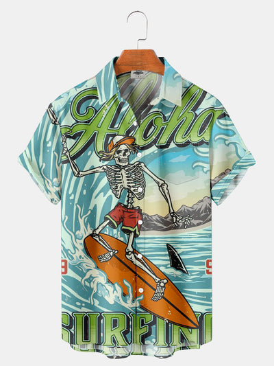 Fydude Men'S ALOHA SURFING Skeleton Printed Shirt