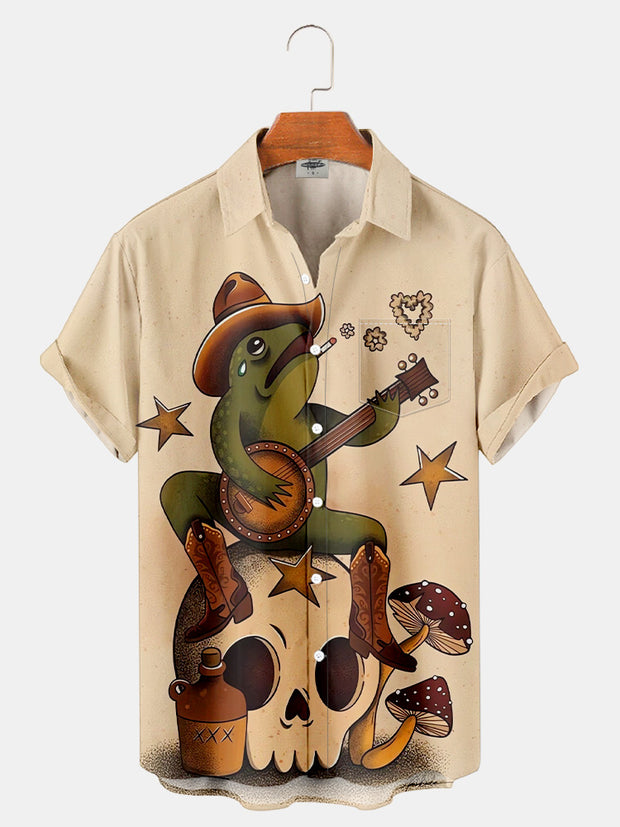 Fydude Men'S West Cowboy Frog And Music Printed Shirt