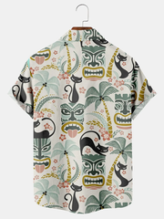 Fydude Men's Hawaiian Tiki Print Casual Short Sleeve Shirt