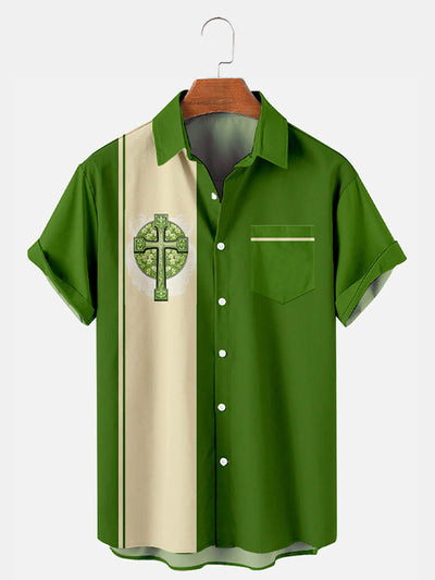 Fydude Men'S St. Patrick'S Day Clover Cross Print Short Sleeve Shirt