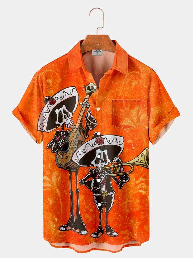 Fydude Men'S Halloween Day Of The Dead Skeleton Music Printed Shirt