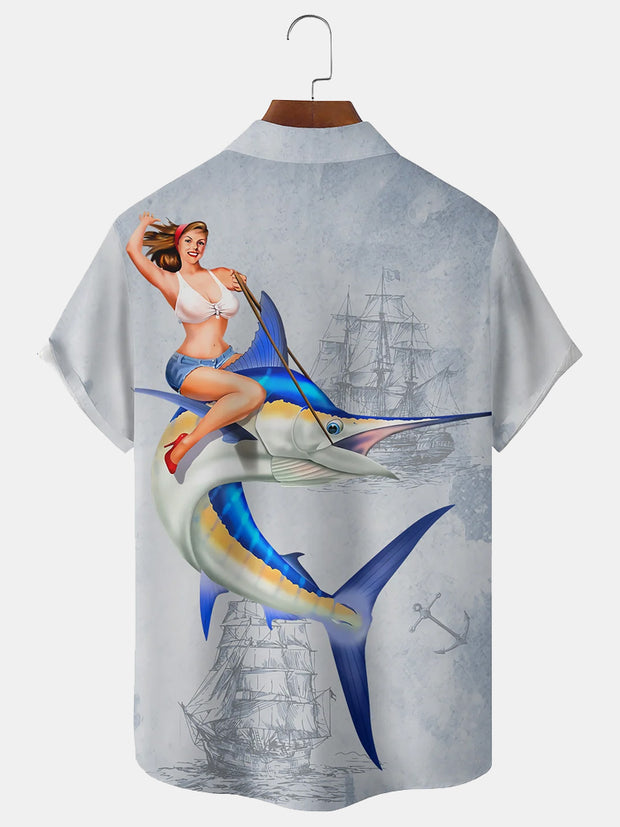 Fydude Men'S Ocean Swordfish Boat Girl Printed Shirt