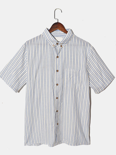 Men Blue Texture Stripe Cotton Linen Shirt