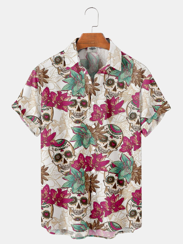 Fydude Men'S Halloween Island Tropical Plants And Skull Printed Shirt