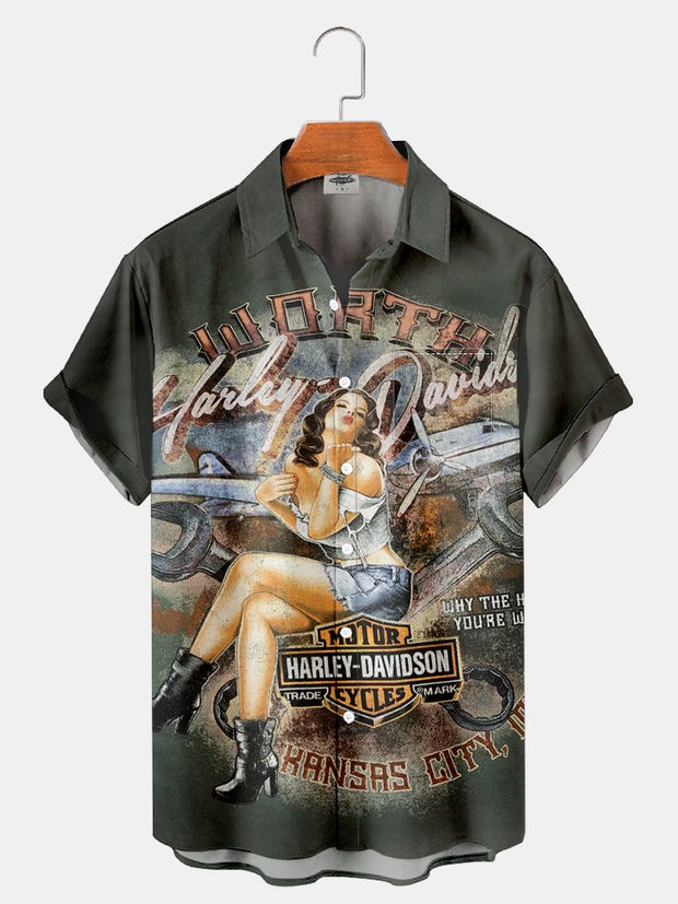 Fydude Men'S Pinup Girl Vintage Printed Shirt