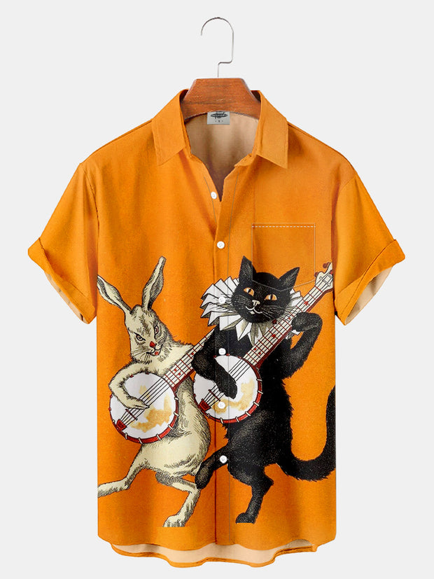 Fydude Men'S Black Cat And Rabbit Music Halloween Printed Shirt