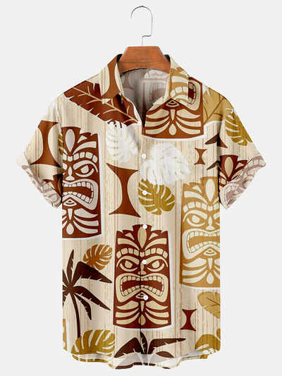 Fydude Men's Hawaiian Tiki Print Casual Short Sleeve Shirt