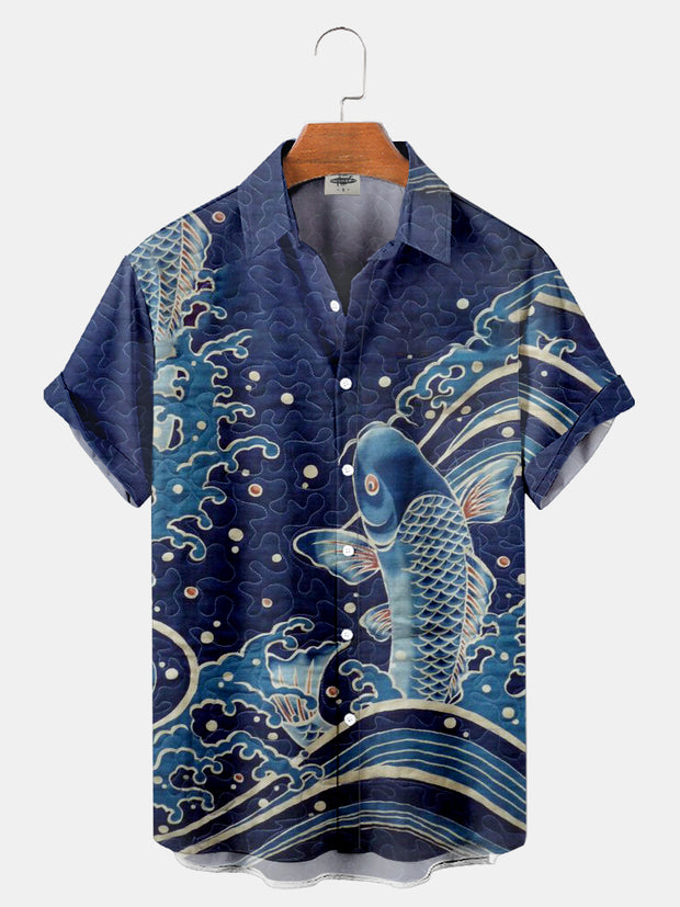 Fydude Men'S Ukiyo-E Wave And Koi Printed Shirt